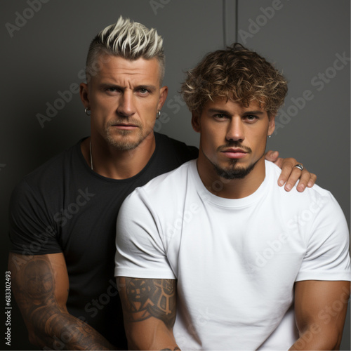 male models in cotton white t-shirts, couple posing, blonde man with tattoos on his arms, white cotton t-shirt, gray wall in the background