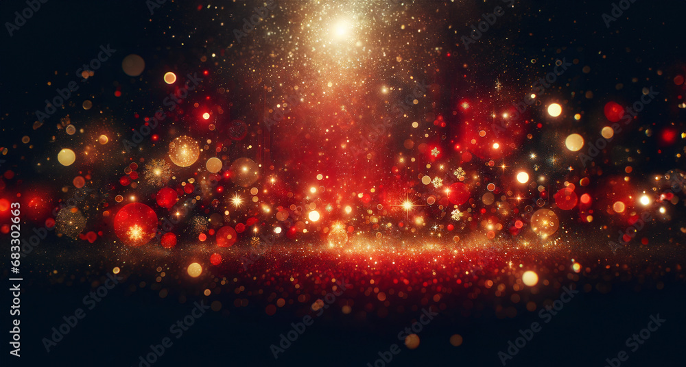 Web Banner coupon with copy space for Christmas greeting with bright and shimmering golden particles sparkling elements and magical atmosphere bokeh and bling on black and red background