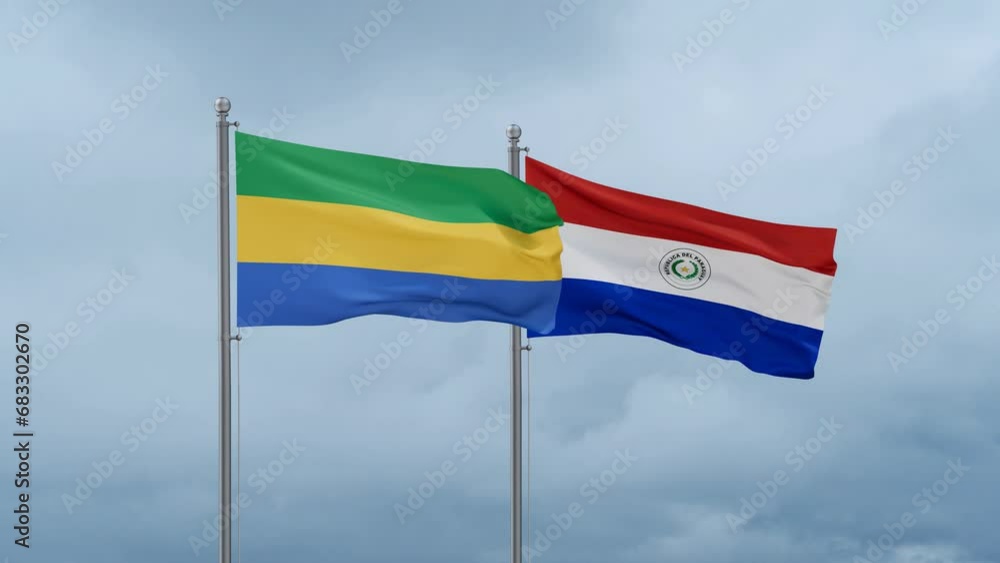 Paraguay flag and Gabon flag waving together on cloudy sky, endless seamless loop, two country relations concept Paraguay flag and Gabon flag waving together on cloudy sky, endless seamless loop, two country relations concept