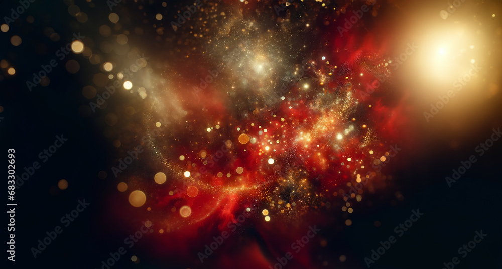 Fototapeta premium Web Banner coupon copy space Galaxy and Cosmos for Christmas greeting with bright and shimmering golden sparkling elements and magical atmosphere with bokeh bling on red and background