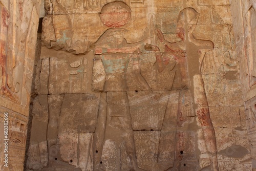 Inscriptions on the walls and columns of seti 1 temple in Abydos in Sohag in Egypt