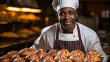african american male baker smiling at camera while holding fresh bread in bakery
