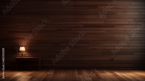 Empty room with dark brown plank walls  adorned with hidden warm lighting that casts a soft glow  creating a cozy and inviting atmosphere 