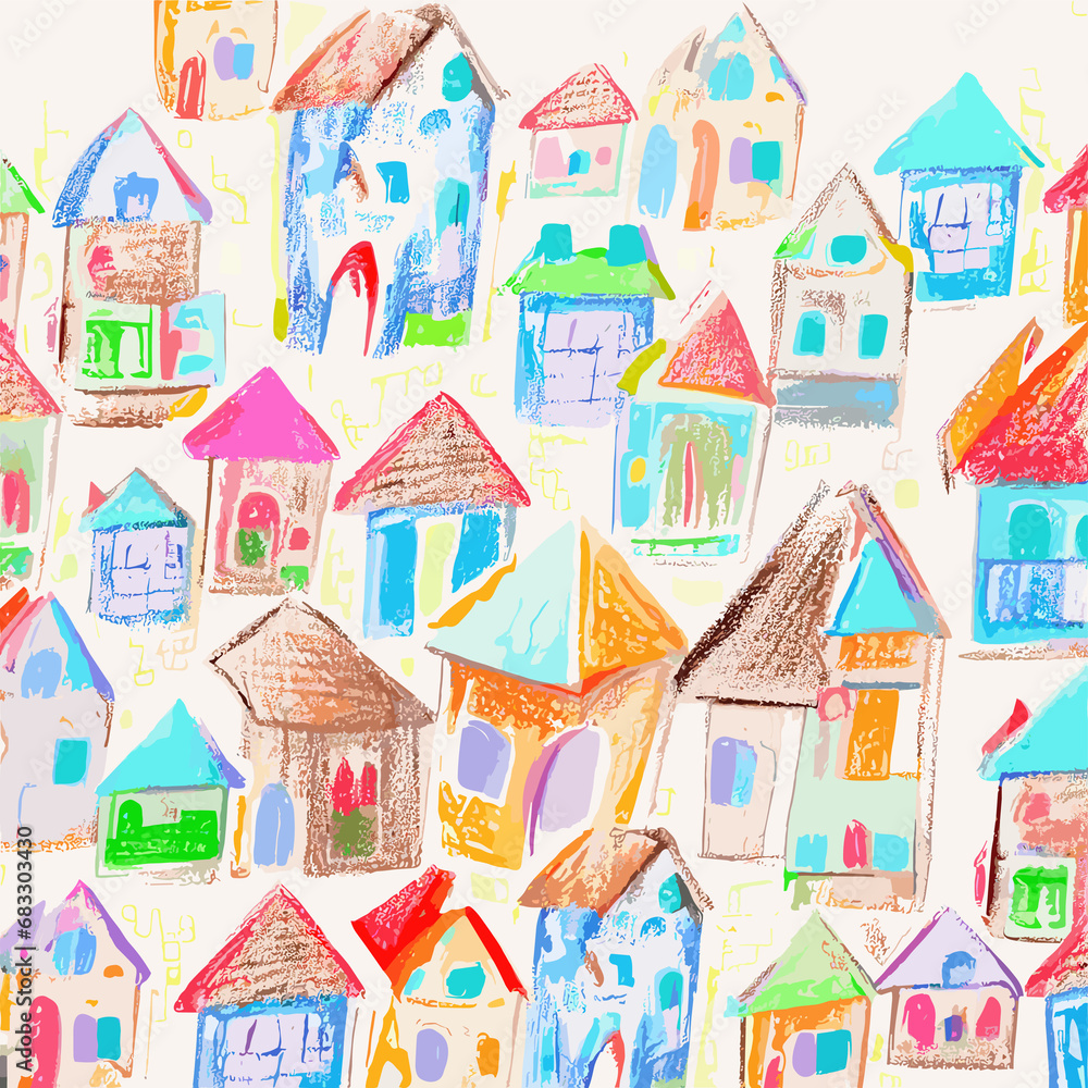 seamless pattern with houses in colour pancil and crayons childish style artwork. Good for children design