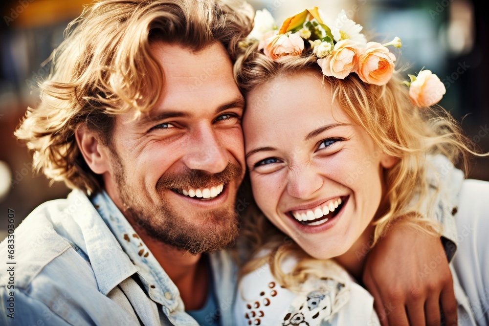 Capturing the essence of harmonious companionship, this gleeful couple shares a moment of pure elation. Their smiles, filled with love and positivity, create a heartwarming tableau of enduring happine Capturing the essence of harmonious companionship, this gleeful couple shares a moment of pure elation. Their smiles, filled with love and positivity, create a heartwarming tableau of enduring happine