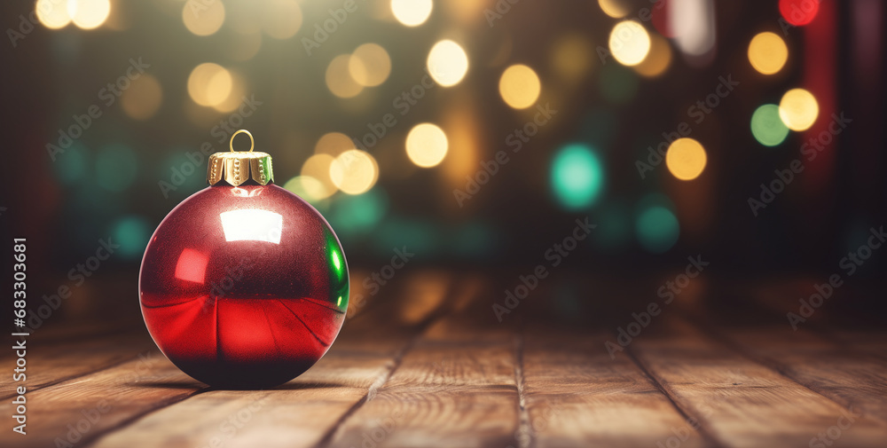 A single vibrant red ornament on wooden floor against a soft bokeh light backdrop, for holiday greeting cards and seasonal marketing, with copy space. Festive background, babanner and header A single vibrant red ornament on wooden floor against a soft bokeh light backdrop, for holiday greeting cards and seasonal marketing, with copy space. Festive background, babanner and header
