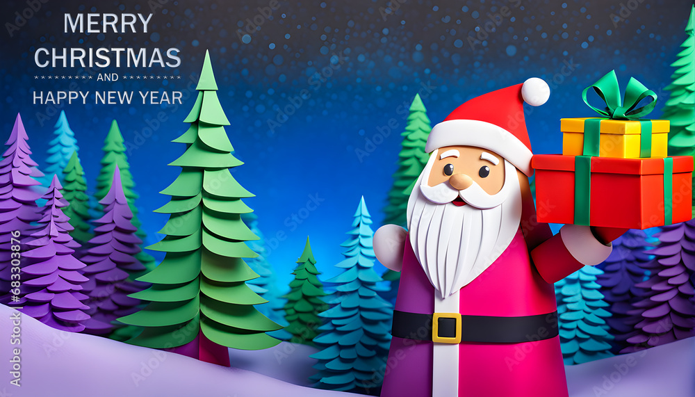 Fototapeta premium Merry Christmas and Happy New with Christmas tree,gift snow Santa Claus