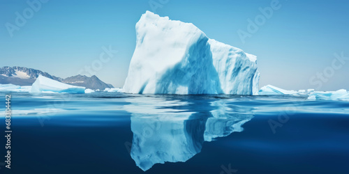 White Iceberg floating in clear blue water sea, under and above water view. Global Warming Concept. Generative AI © AngrySun