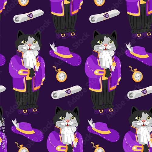 Cat pattern in a retro ballroom costume. A noble outfit of the 19th century with additional accessories. Bundle, a watch, a hat, a reward. Ballroom outfits. Texture animal in ballroom costumes on dark