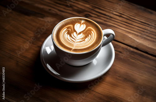 Сappuccino with intricate white heart latte art, set on a rich brown wooden table, for menus and coffee-related marketing, banner, cafe concept
