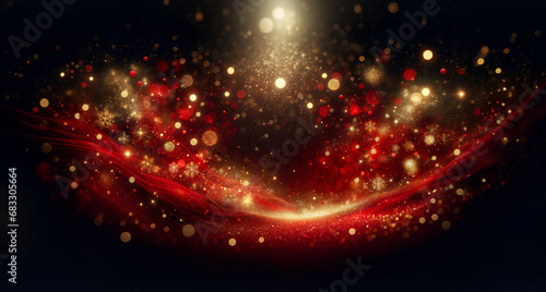 Web Banner coupon with copy space for Christmas greeting with bright and shimmering golden sparkling elements and magical atmosphere bling on red and background. Cosmos and galaxy