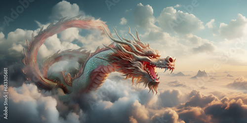 Majestic dragon swirling amidst clouds signifying power and good fortune .Celestial Guardian, Majestic Dragon in Cloud Dance . photo
