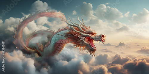 Majestic dragon swirling amidst clouds signifying power and good fortune .Celestial Guardian, Majestic Dragon in Cloud Dance .