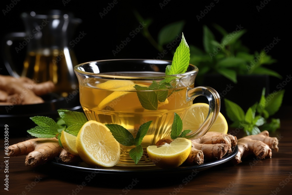 A transparent glass cup with ginger lemon hot drink stands on a table on a black background. Still life of warming tea surrounded by fresh citruses and mint. A transparent glass cup with ginger lemon hot drink stands on a table on a black background. Still life of warming tea surrounded by fresh citruses and mint.