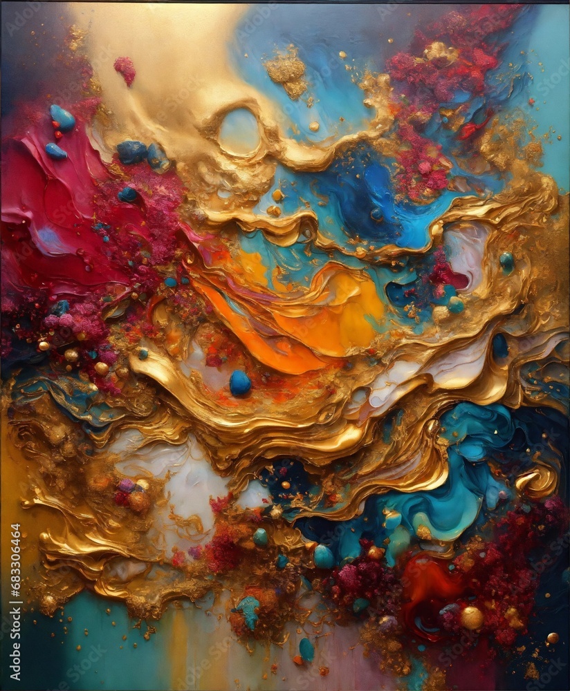 Colorful abstract painting oil and water complex complicated bright vivid colors beautiful opulent wealthy intricate all hues hyperdetailed masterpiece awesome 24k gold trim 8k