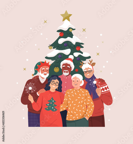 Christmas Seniors. Vector illustration of diverse elderly people in Christmas outfits standing together with Bengal lights. Isolated on the background with a Christmas tree