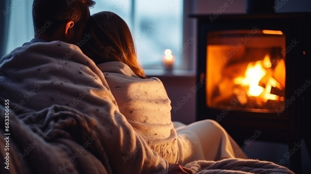 Lovely couple hugs near fireplace. Cozy evening. Romantic concept. Generative AI Lovely couple hugs near fireplace. Cozy evening. Romantic concept. Generative AI