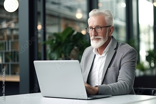 Old businessman sitting in front of a laptop in a modern office, coworking space. A gray-haired serious man works alone.