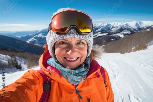 Selfie photo of an elderly woman in ski goggles, a hat and equipment against the backdrop of a sunny snowy mountain landscape.