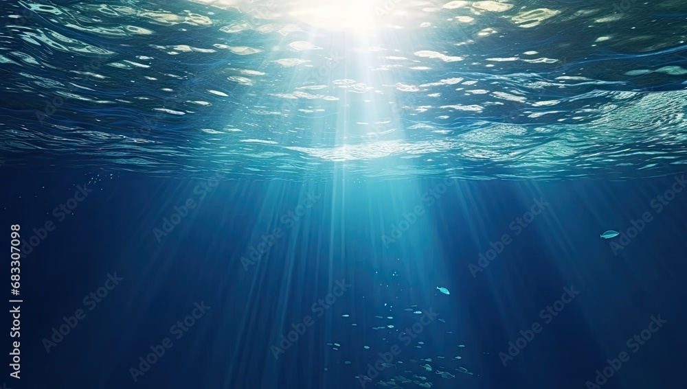 Submerged serenity. Tranquil underwater scene with sun rays and clear blue ocean. Sunlit depths. Abstract background with bright sunbeams and clear sea Submerged serenity. Tranquil underwater scene with sun rays and clear blue ocean. Sunlit depths. Abstract background with bright sunbeams and clear sea