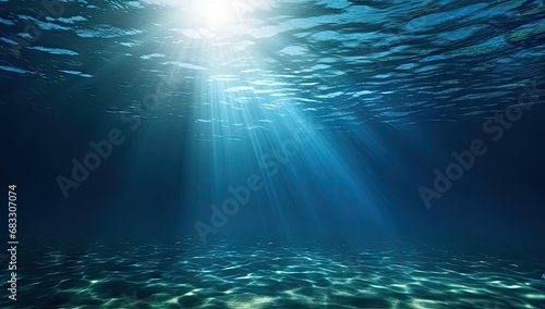 Submerged serenity. Tranquil underwater scene with sun rays and clear blue ocean. Sunlit depths. Abstract background with bright sunbeams and clear sea © Bussakon