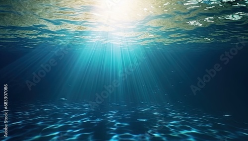 Submerged serenity. Tranquil underwater scene with sun rays and clear blue ocean. Sunlit depths. Abstract background with bright sunbeams and clear sea © Bussakon