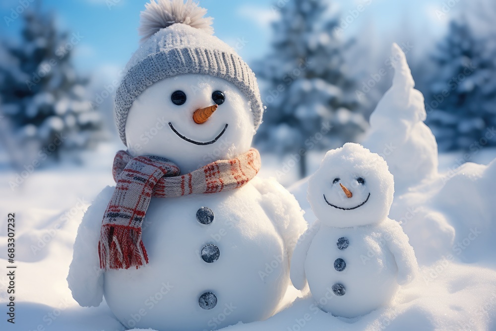 Obraz premium Beautiful Detailed snowman on the snow.