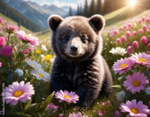 Fairy baby bear cub animal in Alpine mountain flower field