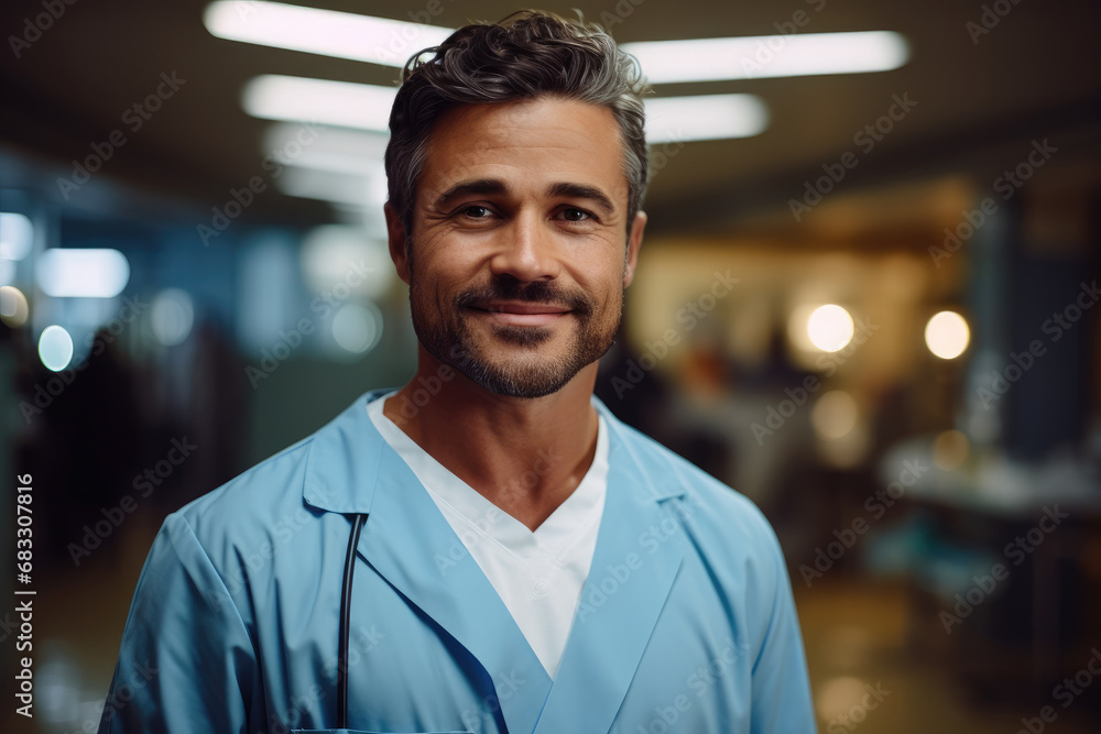 Fototapeta premium Portrait of a male doctor smiling in hospital room.