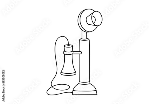 Hand drawn cute outline illustration of antique wired landline phone. Flat vector old candlestick telephone sticker in line art doodle style. Vintage call device icon or print. Isolated on background.