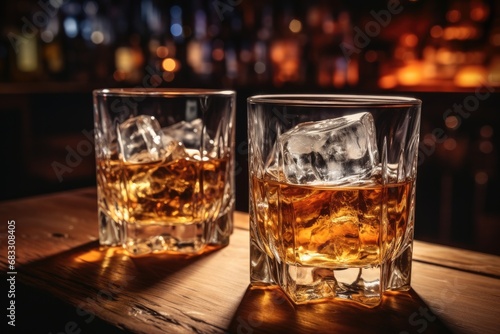 Two whiskey glasses with ice blocks sitting on a bar table in a beautiful evening setting of a restaurant.