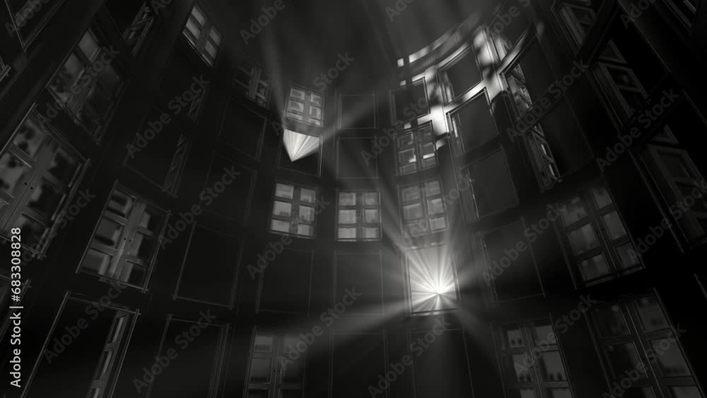 Indoor space with abstract windows array, opening and closing with light beams shining through in black and white colors, seamless VJ Loop Indoor space with abstract windows array, opening and closing with light beams shining through in black and white colors, seamless VJ Loop