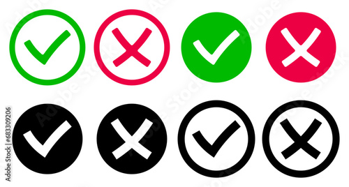 check marks and crosses are green, red and black. simple vector isolated on white background