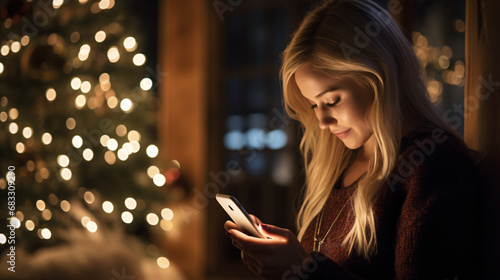 Capturing Emotional Moments: Serene Blonde Model Immersed in Heartwarming Holiday Messages on Phone, Illuminated with Warm Ambient Lighting