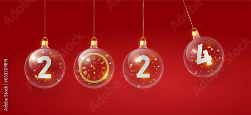 2024 Happy New Year in golden red. 2024 Golden metal number in glass bauble, decoration. Realistic 3d render metallic sign. Xmas Poster, banner, cover card, brochure flyer. Vector