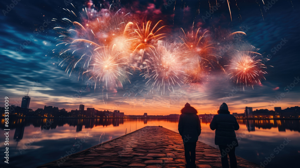 Fototapeta premium Firework explosion in the night sky celebrating happy new year, National firework shooting in the beautiful sky.