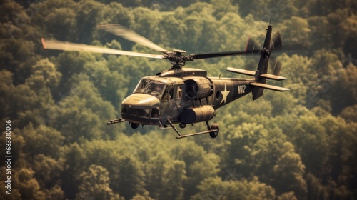 Military helicopter flying in the air over the forest. Patriotism Concept. Air Force Concept. Military Concept.