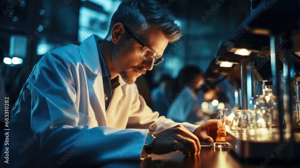 Fototapeta premium Scientist working in laboratory with professional uniform.