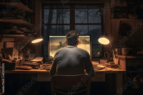 Rear view of a man sitting in front of computer monitors at night. Back view of man working on computer in dark office at night. gamers