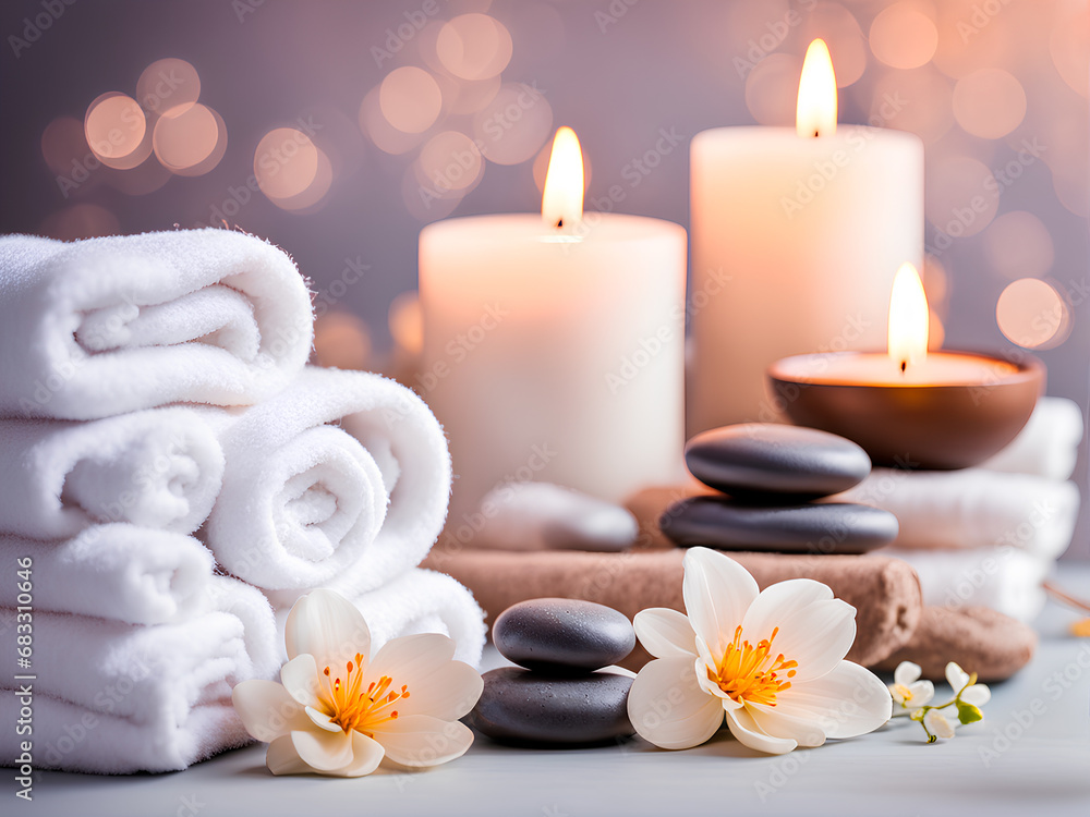 Spa composition with white clean towels, delicate flowers, spa stones and candles. Warm and cozy background