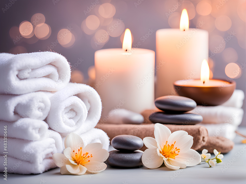 Spa composition with white clean towels, delicate flowers, spa stones and candles. Warm and cozy background Spa composition with white clean towels, delicate flowers, spa stones and candles. Warm and cozy background