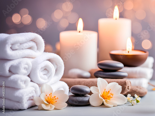Spa composition with white clean towels  delicate flowers  spa stones and candles. Warm and cozy background
