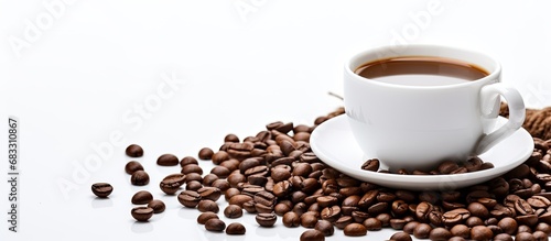 White background with coffee beans and cup