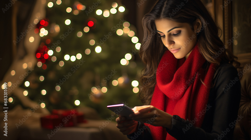 Capturing Emotional Moments: Serene persian Model Immersed in Heartwarming Holiday Messages on Phone, Illuminated with Warm Ambient Lighting Capturing Emotional Moments: Serene persian Model Immersed in Heartwarming Holiday Messages on Phone, Illuminated with Warm Ambient Lighting
