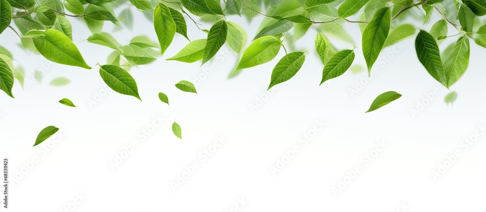 Fresh green coffee leaves falling in the air isolated on a white background - obrazy, fototapety, plakaty 