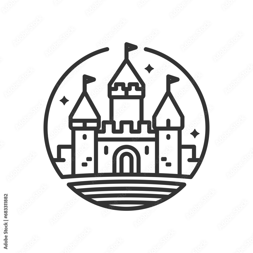 Castle tower in circle icon, medieval fortress line vector illustration with transparent background.