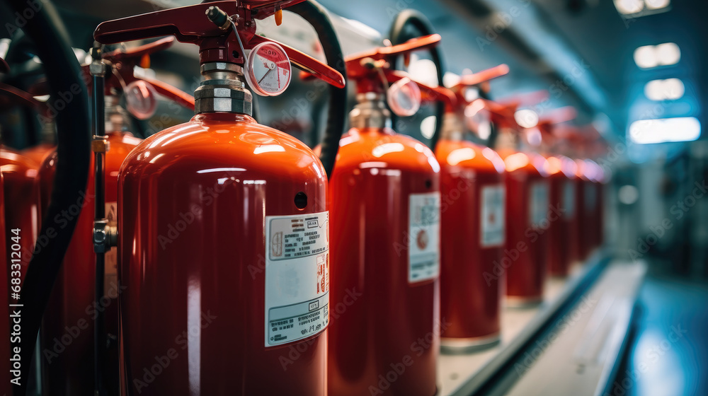 Fire extinguishers tank in the fire control room for safety training and fire prevention. Fire extinguishers tank in the fire control room for safety training and fire prevention.