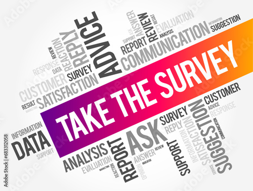 Take the Survey - take part in a questionnaire, to give one's opinion, word cloud concept background