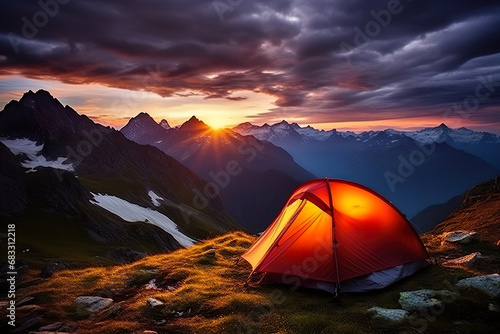 Tent on a Grassy Field with mountain view. Generative Ai