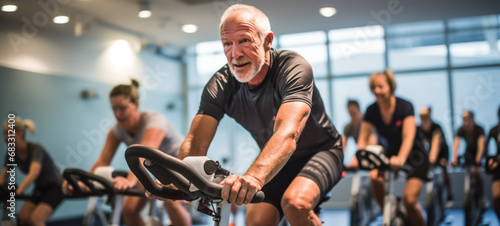 Senior man exercising on exercise bike in fitness studio